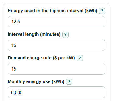 Example inputs for Peak Demand Calculator