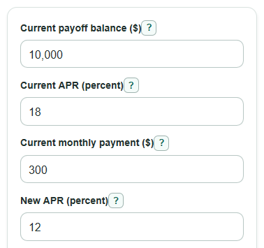 Example inputs for Personal Loan Refinance Calculator