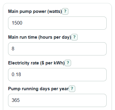 Example inputs for Pool Pump Electricity Cost Calculator