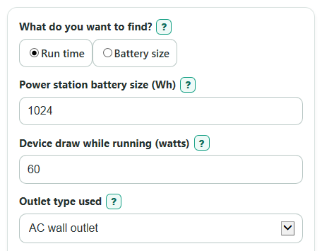 Example inputs for Portable Power Station Runtime Calculator