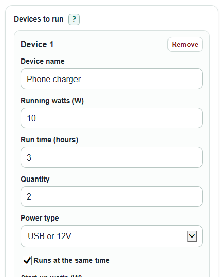 Example inputs for Portable Power Station Size Calculator