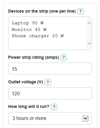 Example inputs for Power Strip Load Calculator