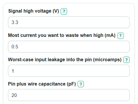Example inputs for Pull Down Resistor Calculator