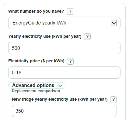 Example inputs for Refrigerator Electricity Cost Calculator