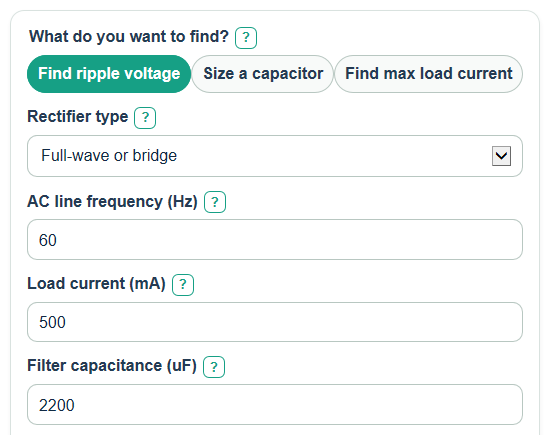Example inputs for Ripple Voltage Calculator