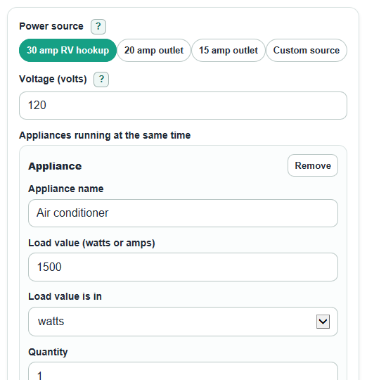Example inputs for RV 30 Amp Load Calculator