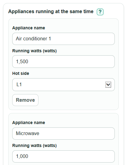 Example inputs for RV 50 Amp Load Calculator