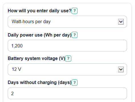 Example inputs for RV Battery Bank Calculator