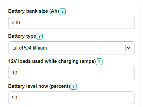 Example inputs for RV Charger Size Calculator