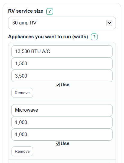 Example inputs for RV Generator Size Calculator