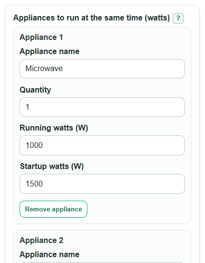Example inputs for RV Inverter Size Calculator