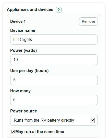 Example inputs for RV Power Consumption Calculator