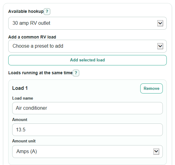 Example inputs for RV Shore Power Load Calculator