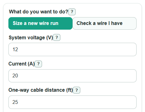Example inputs for RV Solar Wire Size Calculator