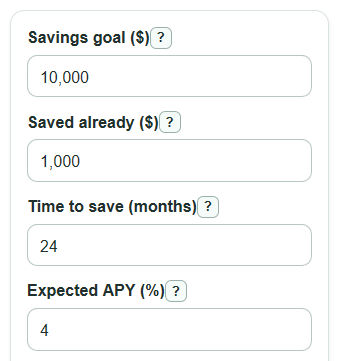 Example inputs for Savings Goal Calculator