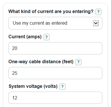 Example inputs for Solar Cable Size Calculator
