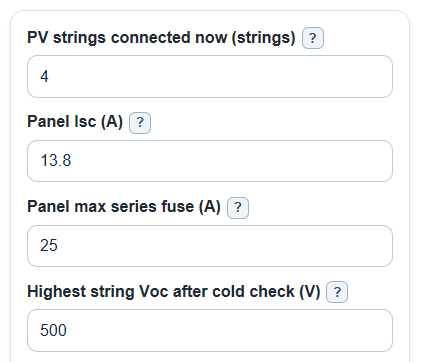 Example inputs for Solar Combiner Box Size Calculator