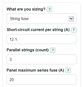 Example inputs for Solar DC Fuse Size Calculator