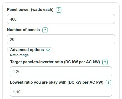 Example inputs for Solar Inverter Size Calculator
