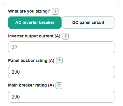 Example inputs for Solar Panel Breaker Size Calculator