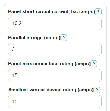 Example inputs for Solar Panel Fuse Size Calculator