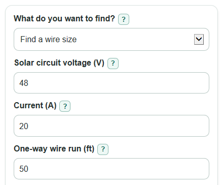 Example inputs for Solar Wire Voltage Drop Calculator