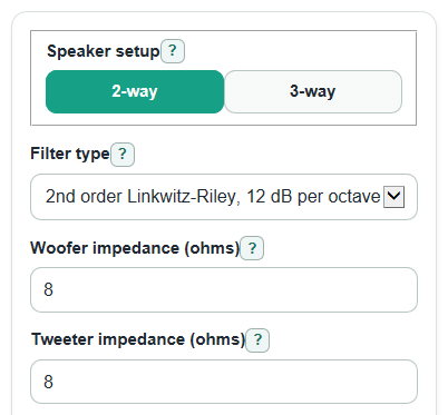 Example inputs for Speaker Crossover Calculator