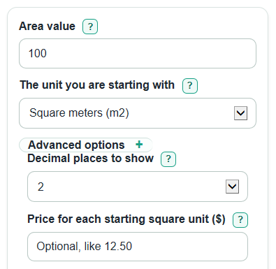 Example inputs for Square Meters to Square Feet and Yards Converter