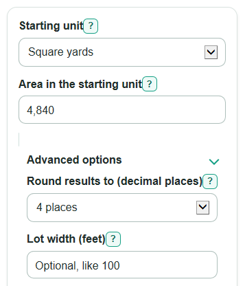 Example inputs for Square Yards to Acres and Square Feet Converter