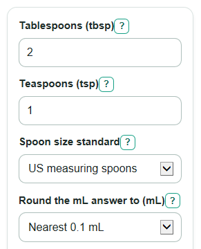 Example inputs for Tablespoons and Teaspoons to mL Converter