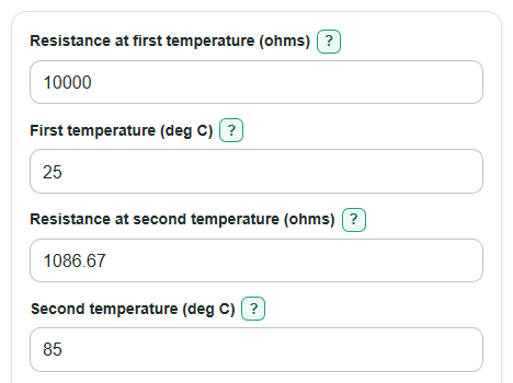 Example inputs for Thermistor Beta Calculator