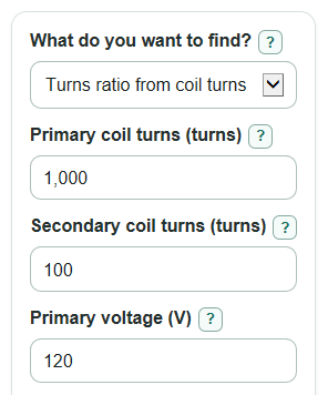 Example inputs for Transformer Turns Ratio Calculator