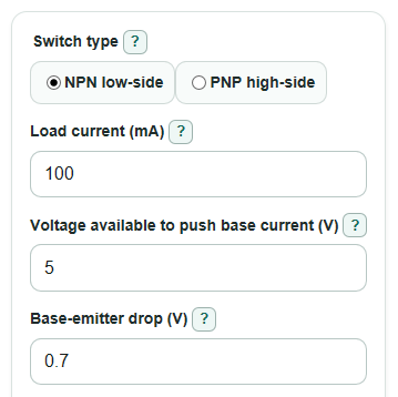 Example inputs for Transistor Base Resistor Calculator