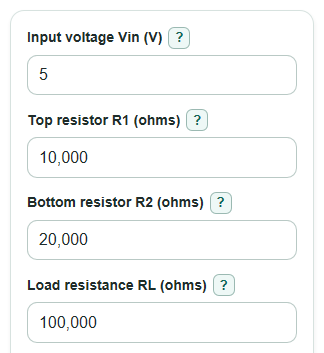 Example inputs for Voltage Divider Load Calculator