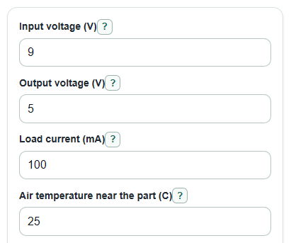 Example inputs for Voltage Regulator Heat Dissipation Calculator