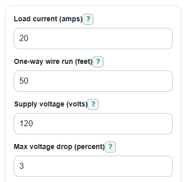Example inputs for Wire Gauge Calculator