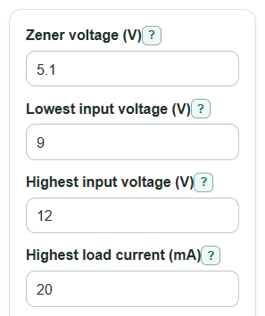 Example inputs for Zener Diode Power Calculator