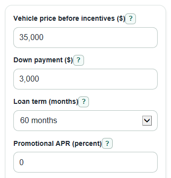 Example inputs for 0% APR vs Cash Rebate Calculator