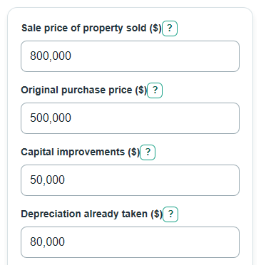 Example inputs for 1031 Exchange Calculator