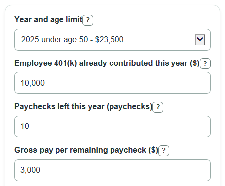 Example inputs for 401(k) Contribution Calculator