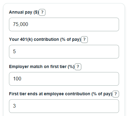 Example inputs for 401(k) Match Calculator