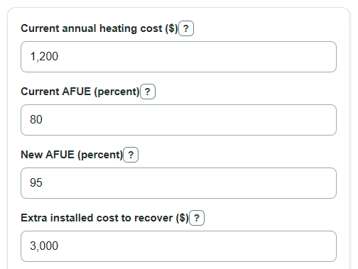 Example inputs for AFUE Savings Calculator