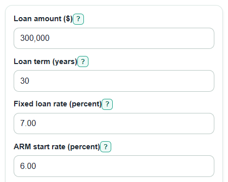 Example inputs for ARM vs Fixed Mortgage Calculator