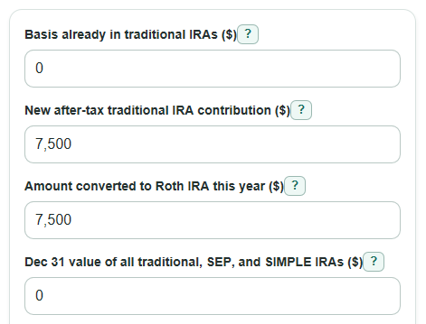 Example inputs for Backdoor Roth IRA Tax Calculator