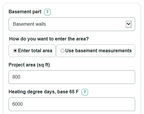Example inputs for Basement Insulation Savings Calculator