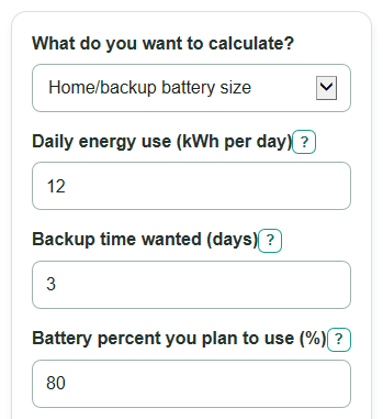Example inputs for Battery Autonomy Days Calculator