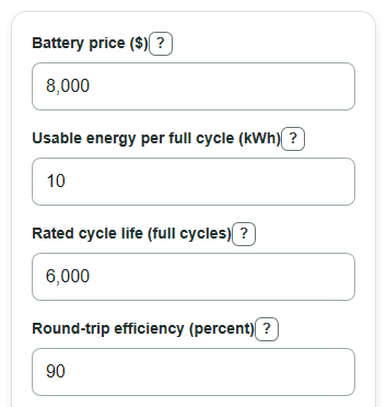 Example inputs for Battery Lifetime Cost Calculator