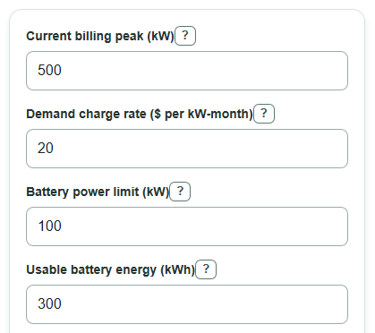 Example inputs for Battery Peak Shaving Savings Calculator