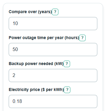 Example inputs for Battery vs Generator Cost Calculator