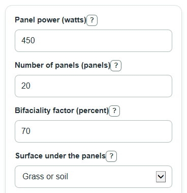 Example inputs for Bifacial Solar Gain Calculator